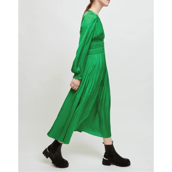 [relisted] Maje Bright Green Pleated Effect Puff Sleeve Flowy Satin Maxi Dress - Picture 4 of 12